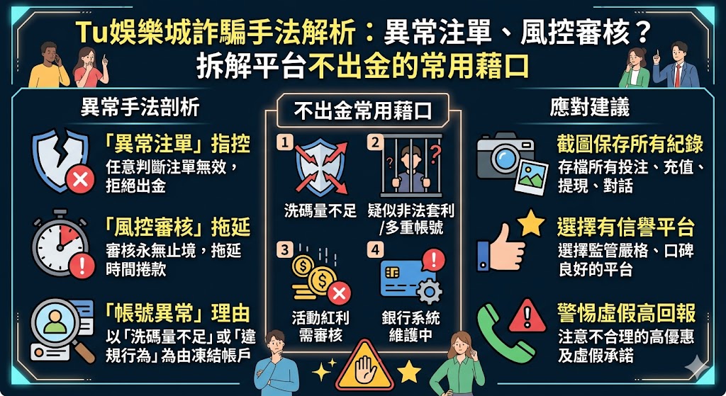 Tu娛樂城詐騙手法解析：異常注單、風控審核？拆解平台不出金的常用藉口