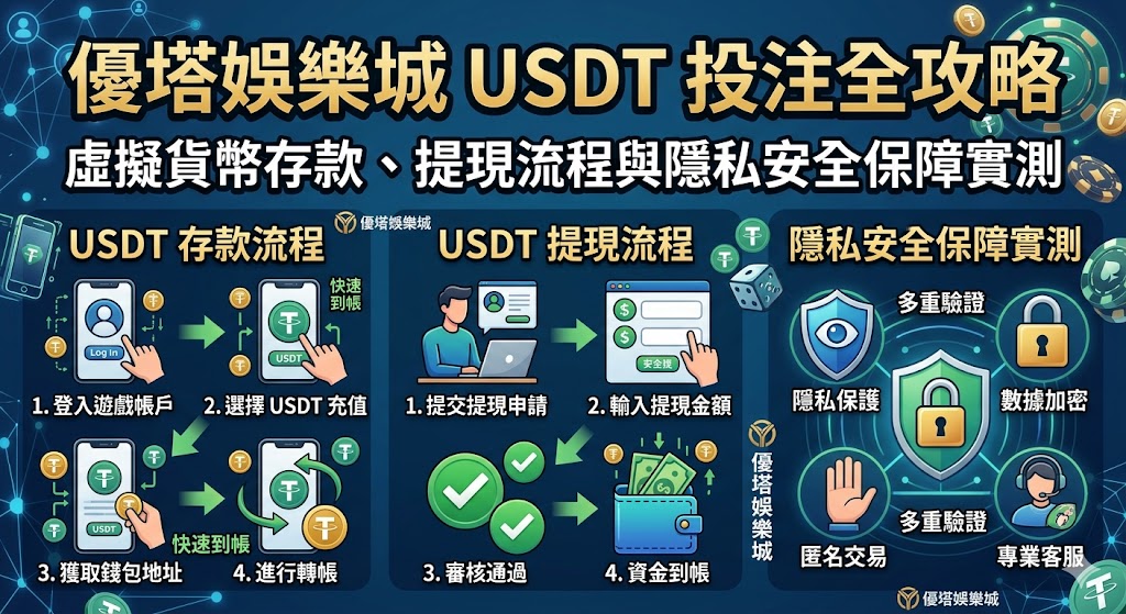 隨著虛擬貨幣普及，優塔娛樂城全面導入 USDT 泰達幣投注，為玩家提供更具隱私與效率的博弈環境。使用 USDT 存款不僅能避開銀行端的資金監控，還能透過區塊鏈技術實現秒級到帳，解決傳統網銀轉帳繁瑣且易受限的問題。在提現流程上，玩家只需綁定加密貨幣錢包地址，即可享受不受時空限制的 24 小時出金服務，大幅降低資金被凍結的風險。實測顯示，優塔採用的冷熱錢包分離機制與 SSL 加密技術，能有效保障用戶的匿名性與資產安全，防止個人資料外洩。無論是追求資金流動性的資深玩家，還是重視個人隱私的新手，這份攻略將帶您掌握從錢包入金、匯率轉換到安全提領的全方位技巧，在 2026 年的數位博弈浪潮中，打造最穩固、無痕的極致投注體驗。