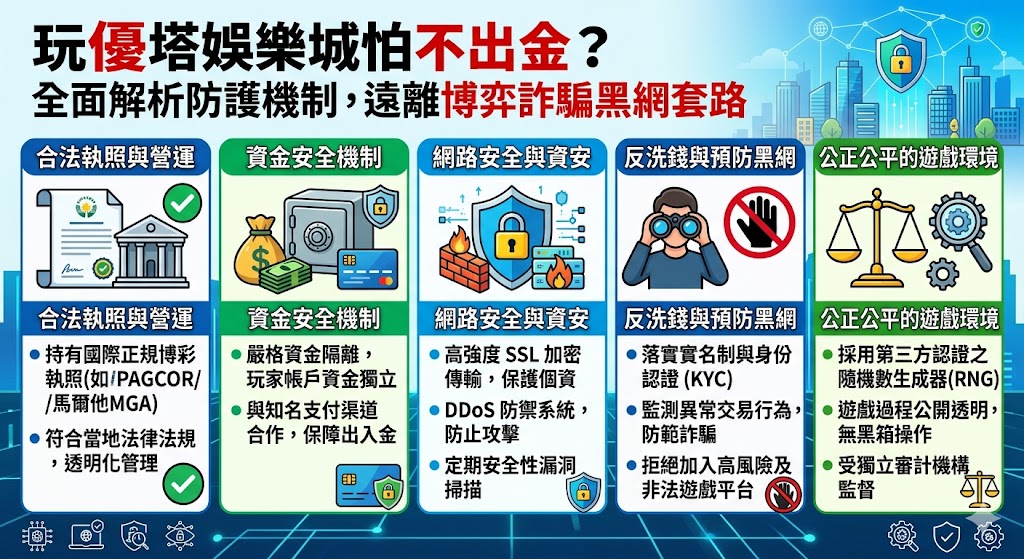 許多玩家在加入優塔娛樂城前，最擔心的莫過於遇到博弈詐騙或不出金的黑網陷阱。事實上，判斷平台安全性的關鍵在於其背後的防護機制與經營執照。優塔娛樂城採用了國際標準的 SSL 加密技術，確保玩家個人資訊與金流往來不被第三方竊取。面對市面上層出不窮的黑網套路，該平台強調透過多層次的人工與系統審核，保障出金流程的透明化與穩定性，防止玩家陷入儲值容易提領難的困境。分析其營運模式，優塔不僅在伺服器防禦上投入大量資源防止駭客攻擊，更建立了一套完善的風險管理系統來過濾異常帳號，從源頭杜絕詐騙行為。了解這些安全防護細節，玩家能更清晰地分辨合法經營與非法黑網的差異，在享受遊戲快感的同時，也能確保每一分血汗錢都能獲得最實質的安全保障，真正實現安心投注、順利提款。